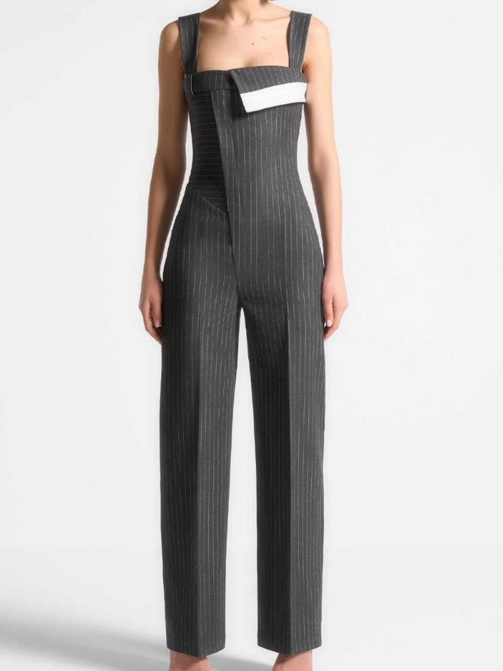 Maniere De Voir Grey Pinstripe Wide-Leg Jumpsuit with White Accent - Camille